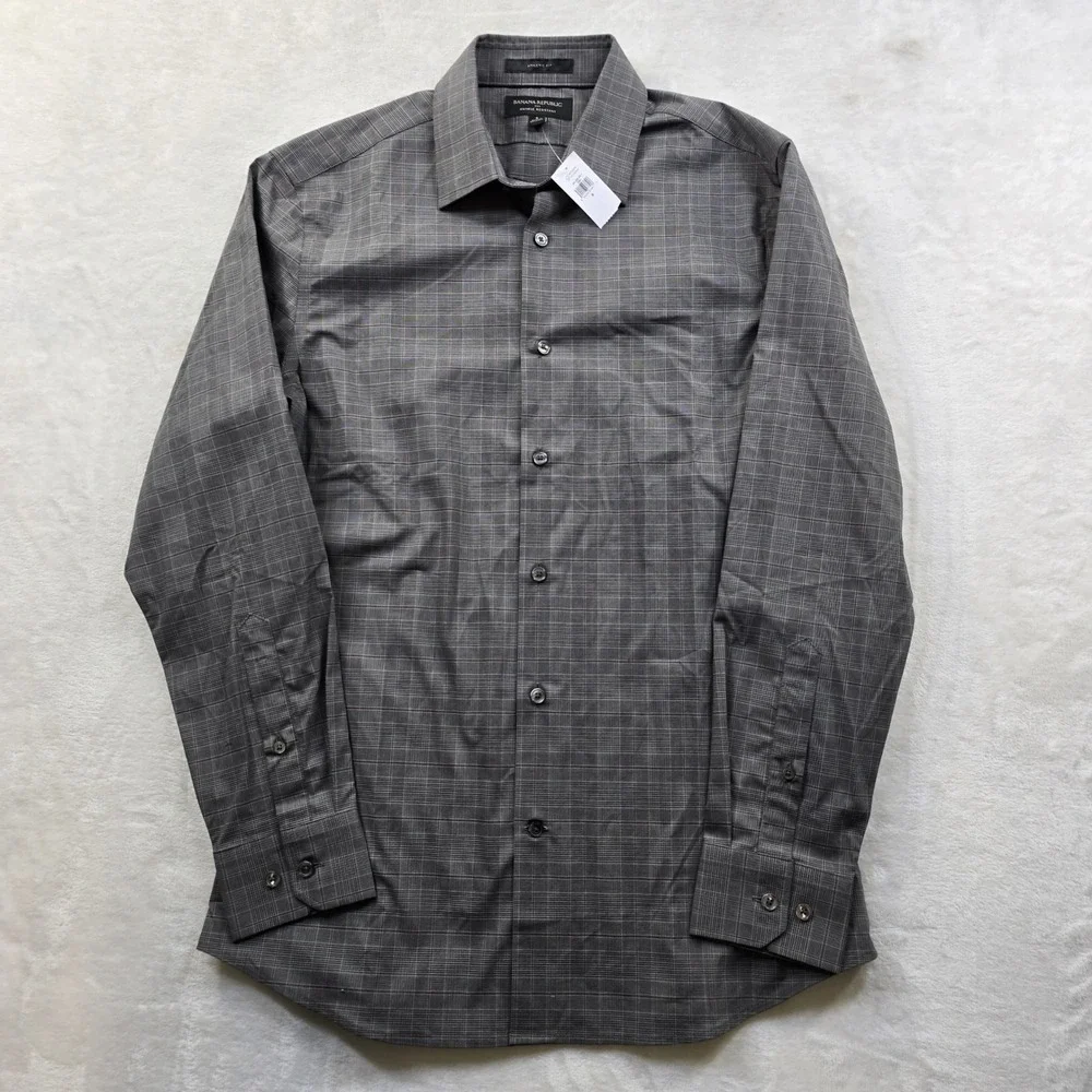 Banana Republic Casual Shirt‎ Mens Small Grey Cotton Plaid Athletic Fit NEW
